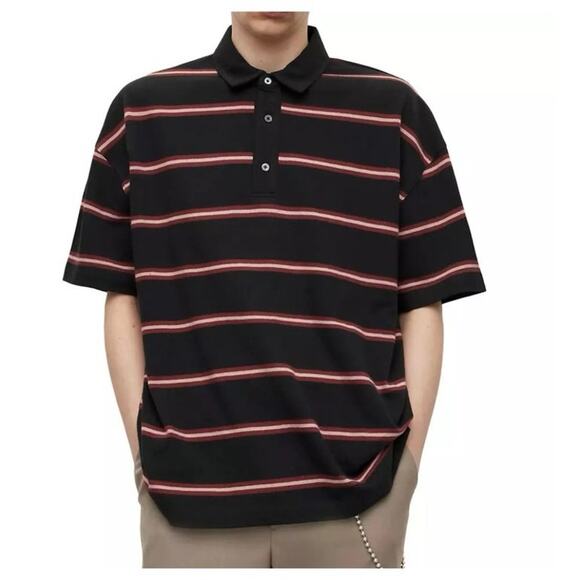 All Saints Men's Short Sleeve Arden Contrast Stripes Oversized Polo Black A49 - Picture 1 of 11